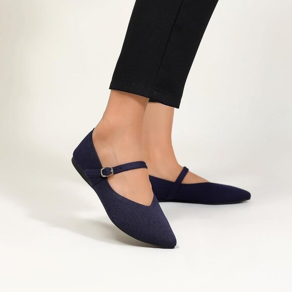 Women's Blue Knit Pointed Toe Ballet Flat with Ankle Strap Casual Comfort Shoes - Picture 2 of 6